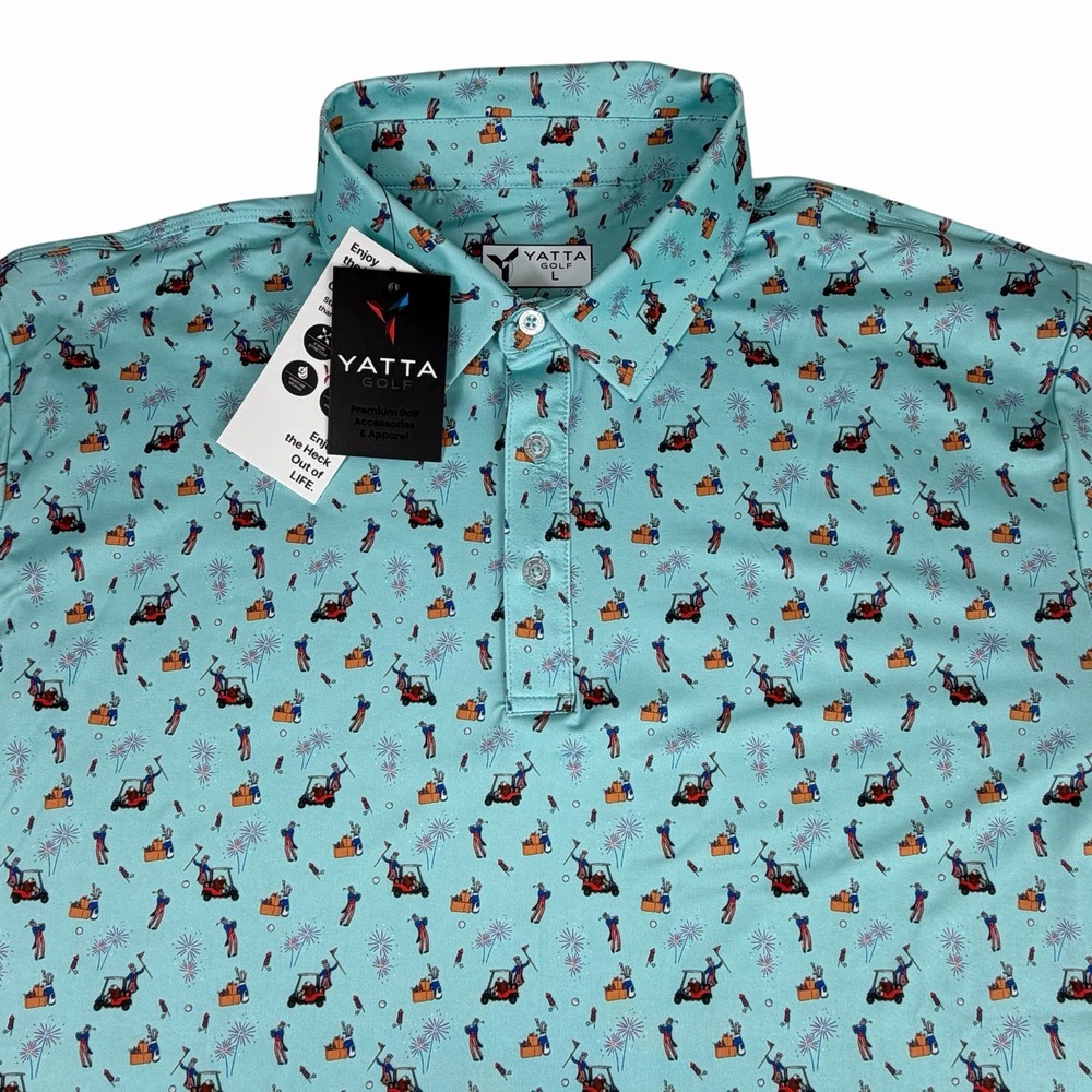 Yatta Golf Polo Shirt Light Blue Aqua Patriotic Themed Labor Day Eagle Sz Lg NWT